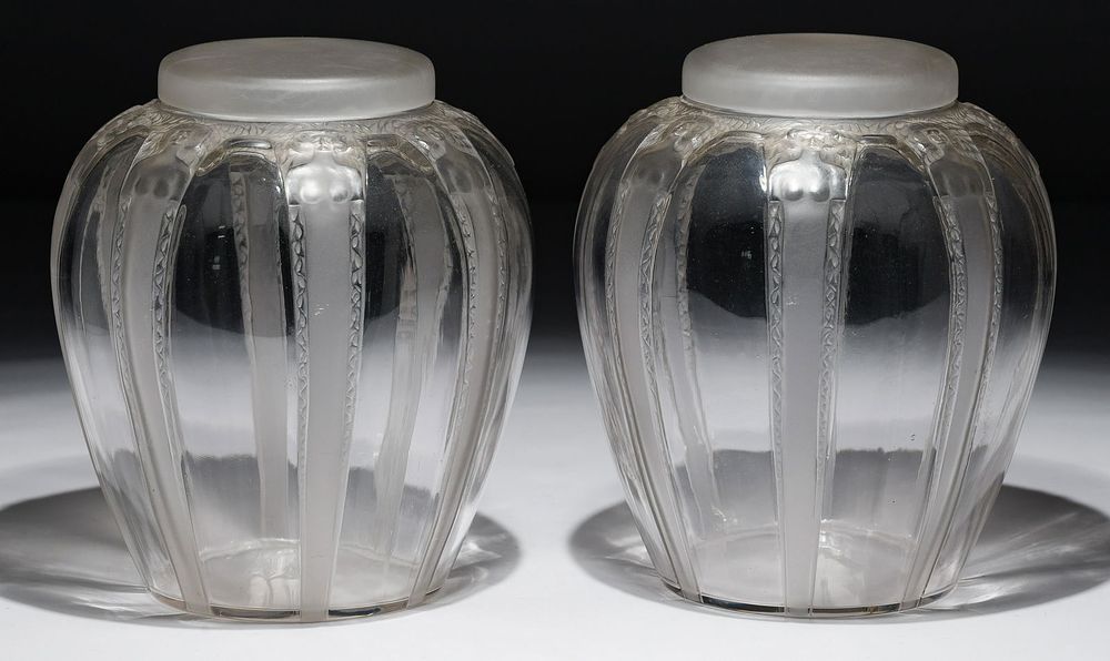 Lot 395: Rene Lalique Crystal 'Cariatedes' Lidded Vases
