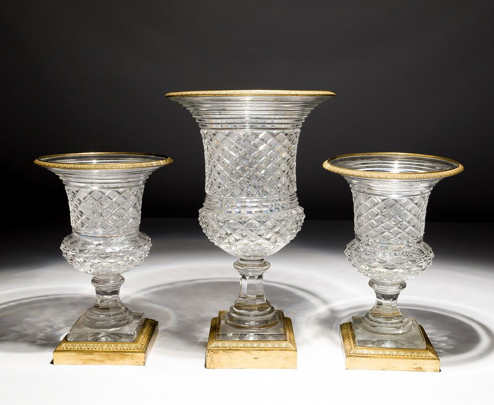 Lot 407: French Empire Style Ormolu Mounted Crystal Urn Suite