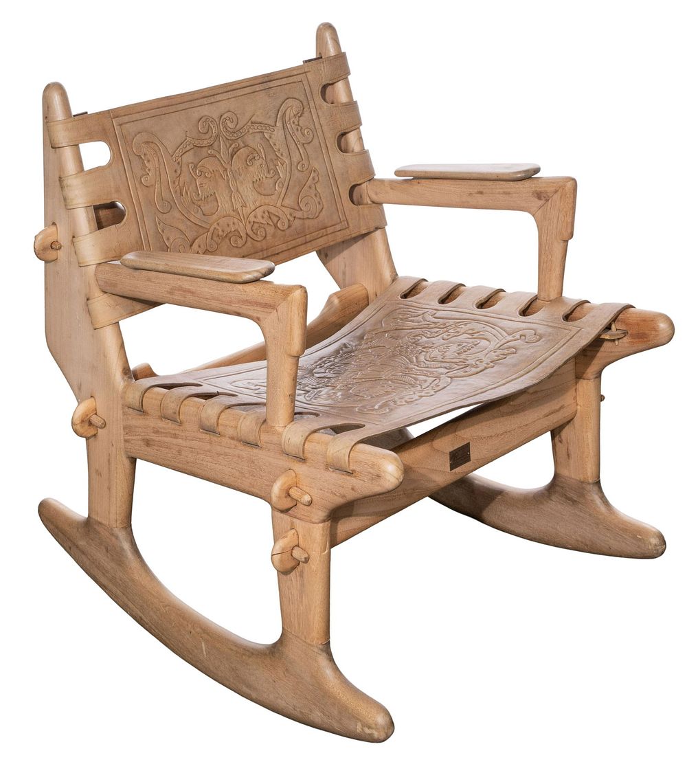 Lot 413: Angel Pazmino Wood and Leather Rocking Chair