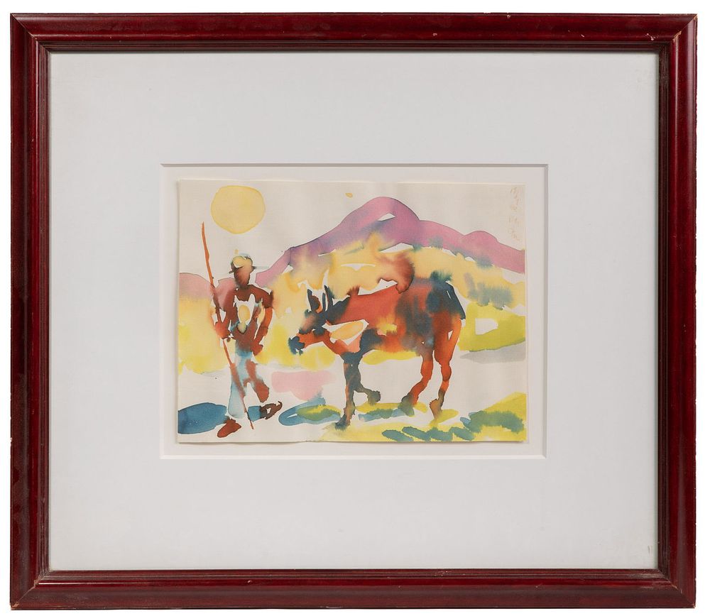Lot 154: Romare Bearden (American, 1914-1988) 'Man With Cow, St. Maarten' Watercolor on Paper