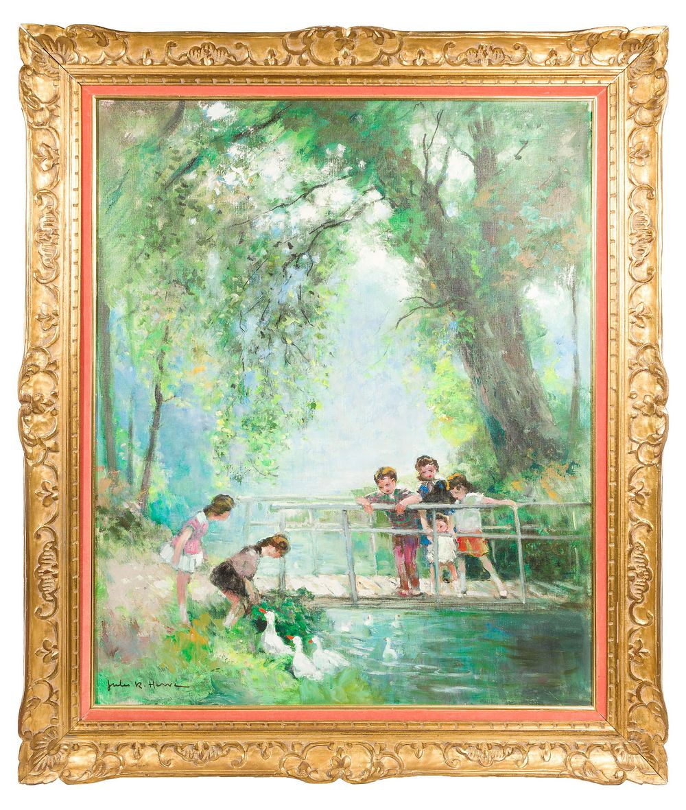 Lot 198: Jules R. Herve (French, 1887-1981) 'Children on a Bridge with Ducks' Oil on Linen