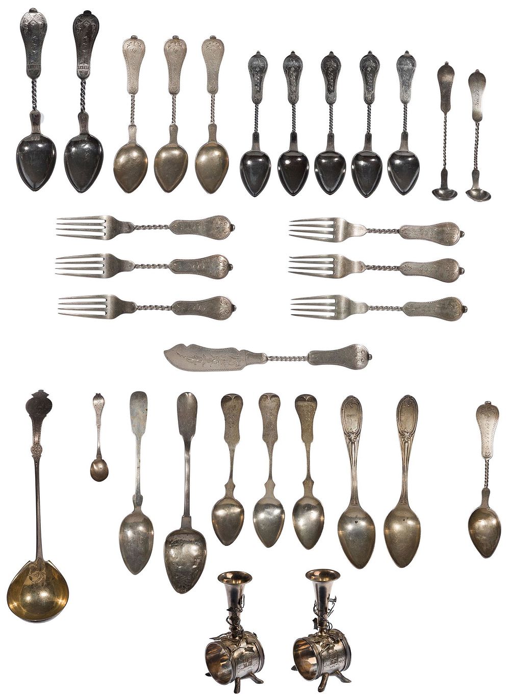 Lot 312: Coin Silver (900) Flatware and Napkin Ring Assortment