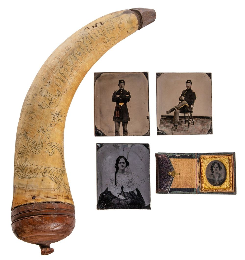 Lot 344: Powder Horn and Civil War Era Tintypes