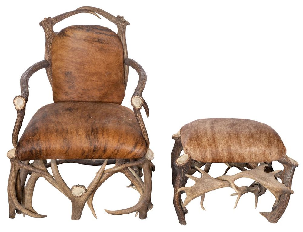 Lot 452: Antler and Horn Upholstered Chair and Ottoman