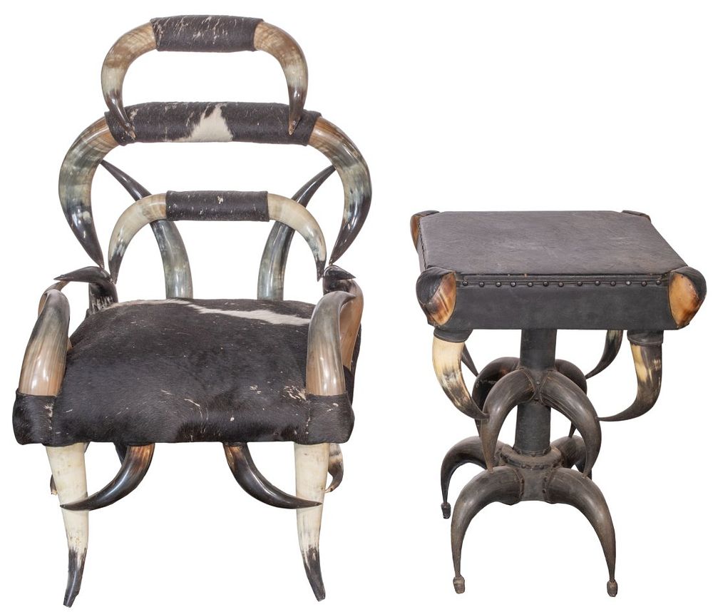 Lot 454: Steer Horn Upholstered Chair and Table