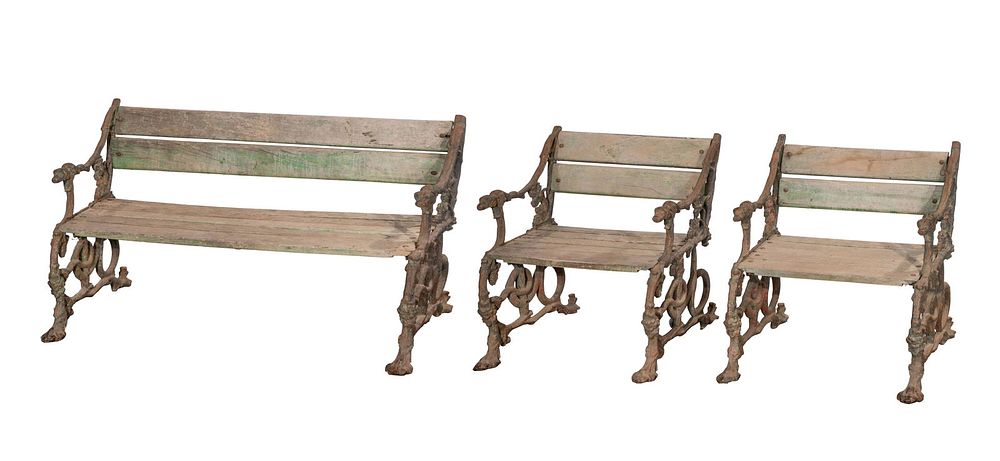 Lot 479: Cast Iron and Wood Outdoor Seating Suite