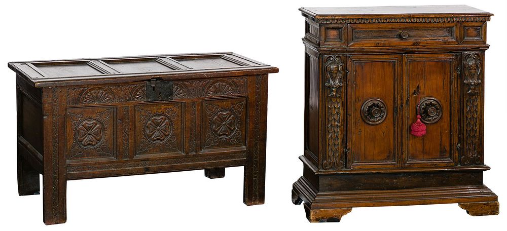 Lot 546: English Jacobean Style Oak Sideboard and Chest