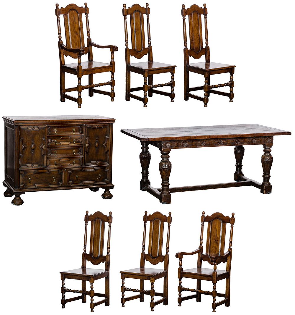 Lot 547: English Jacobean Style Oak Dining Suite
