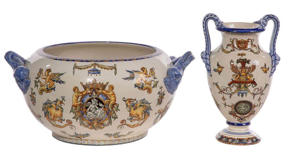 Lot 198: French Gein Faience Vase and Bowl
