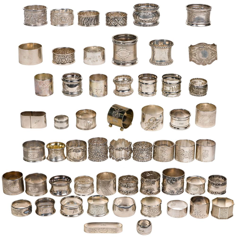 Lot 211: Sterling Silver, European Silver (830, 800) and Silverplate Napkin Ring Assortment