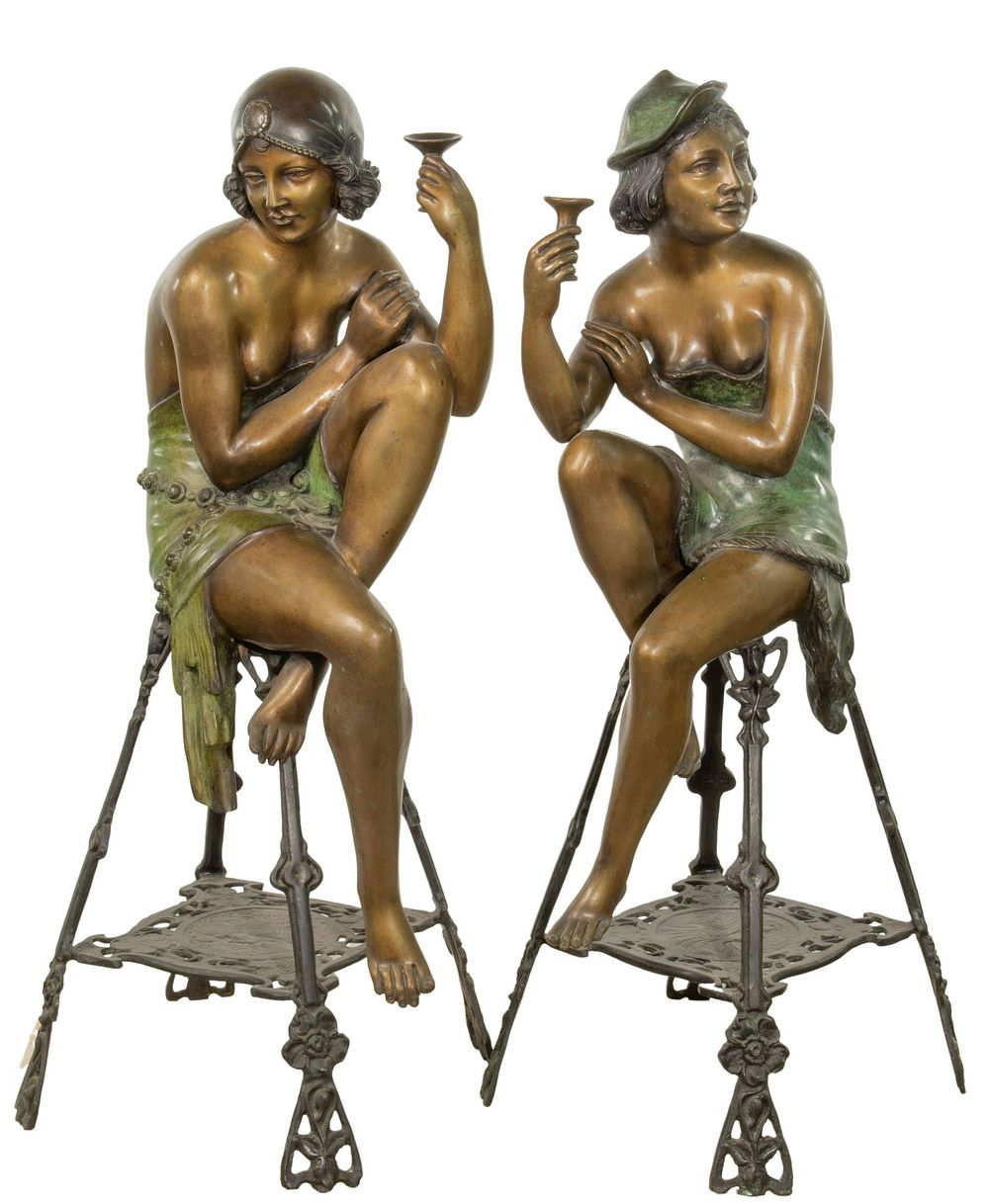 Lot 303: (After) Ferdinando De Luca (Italian, 1785-1869) 'Seated Flapper Girls' Patinated Bronze Sculptures
