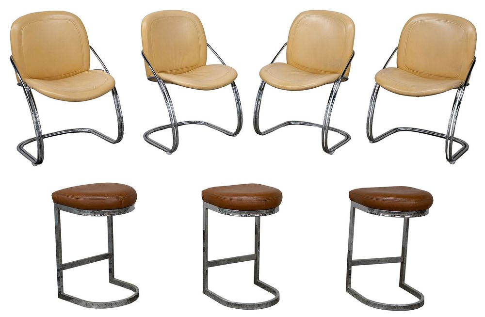 Lot 327: Chrome and Leather Upholstered Chair and Stool Assortment