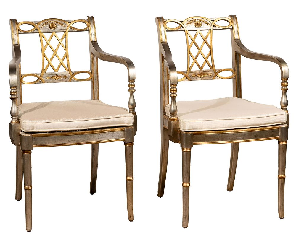 Lot 361: (Attributed to Maitland and Smith) Silver Gilt Open Armchairs