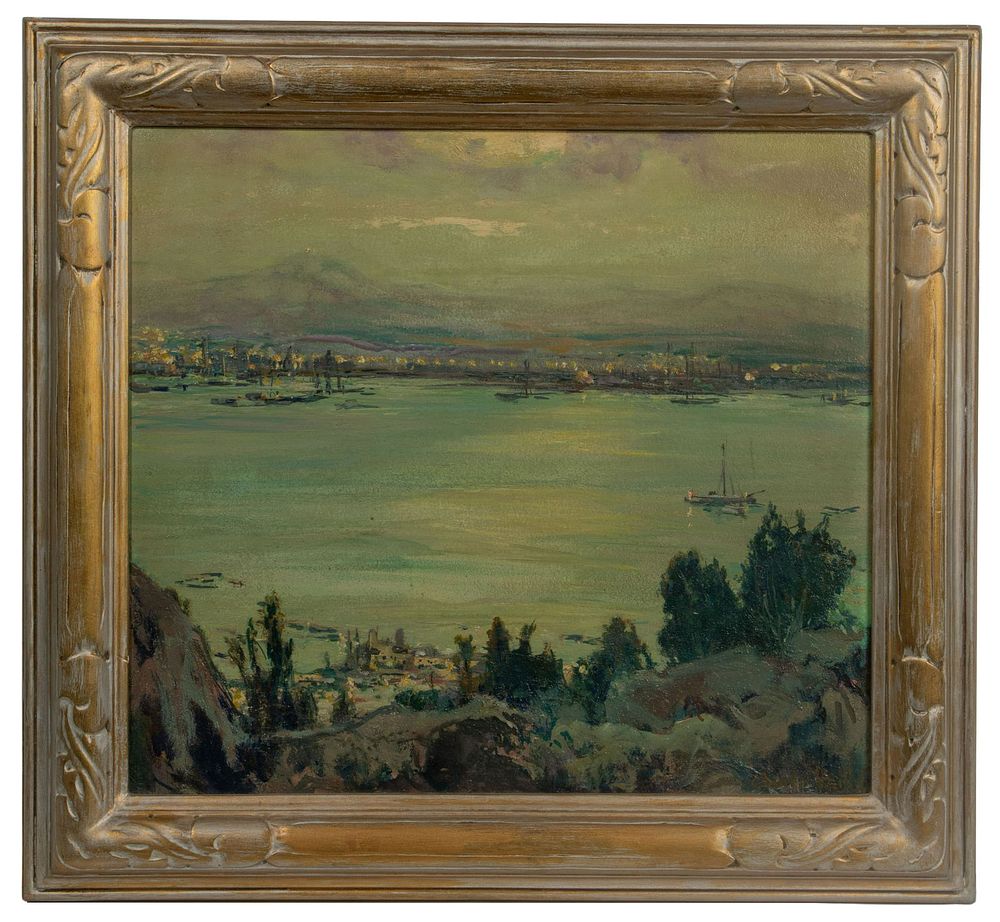 Lot 187: Charles P. Reiffel (American, 1862-1942) 'Moonlight on the Bay' Oil on Board