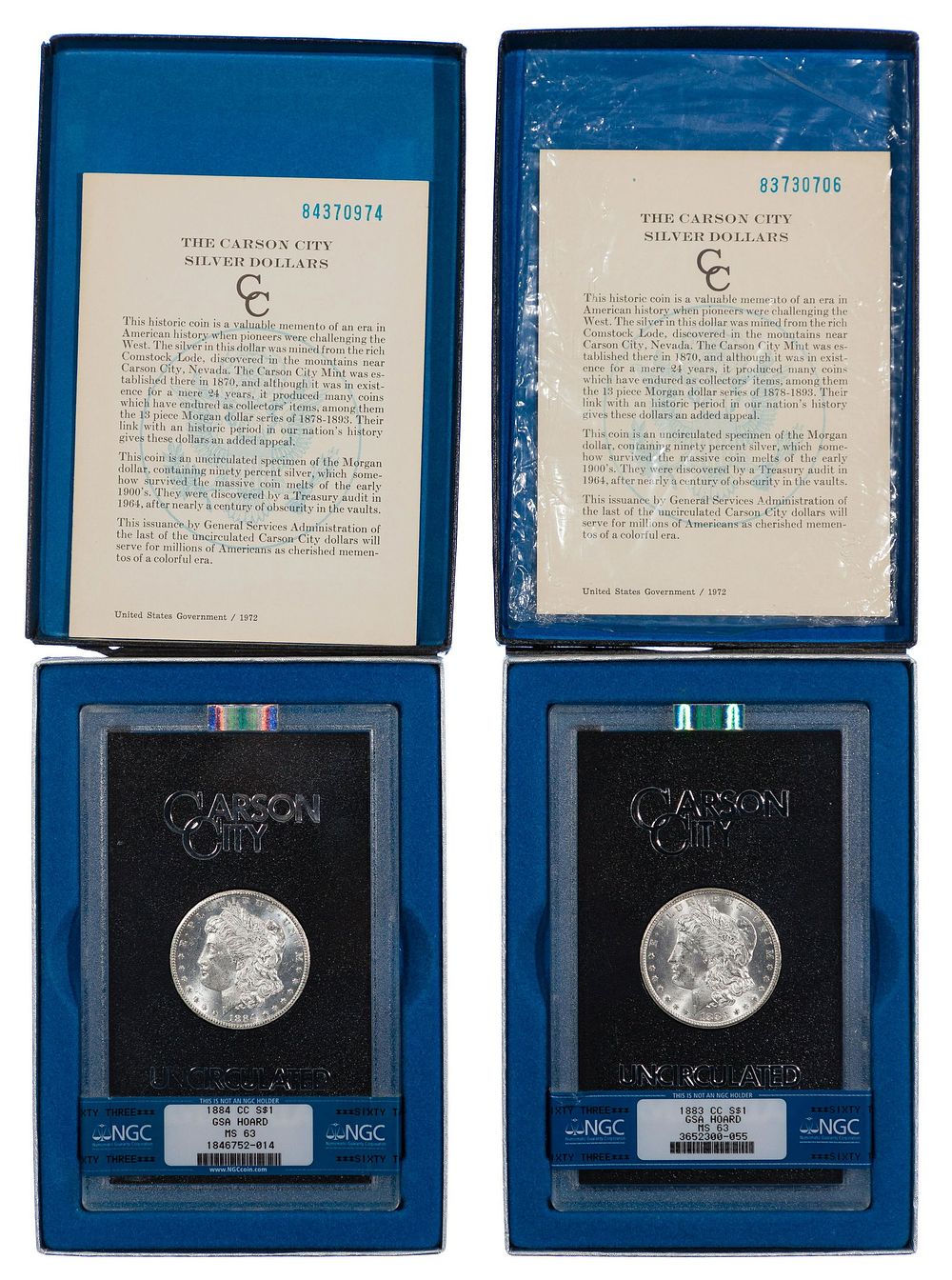 Lot 238: 1883-CC & 1884-CC $1 GSA MS-63 NGC