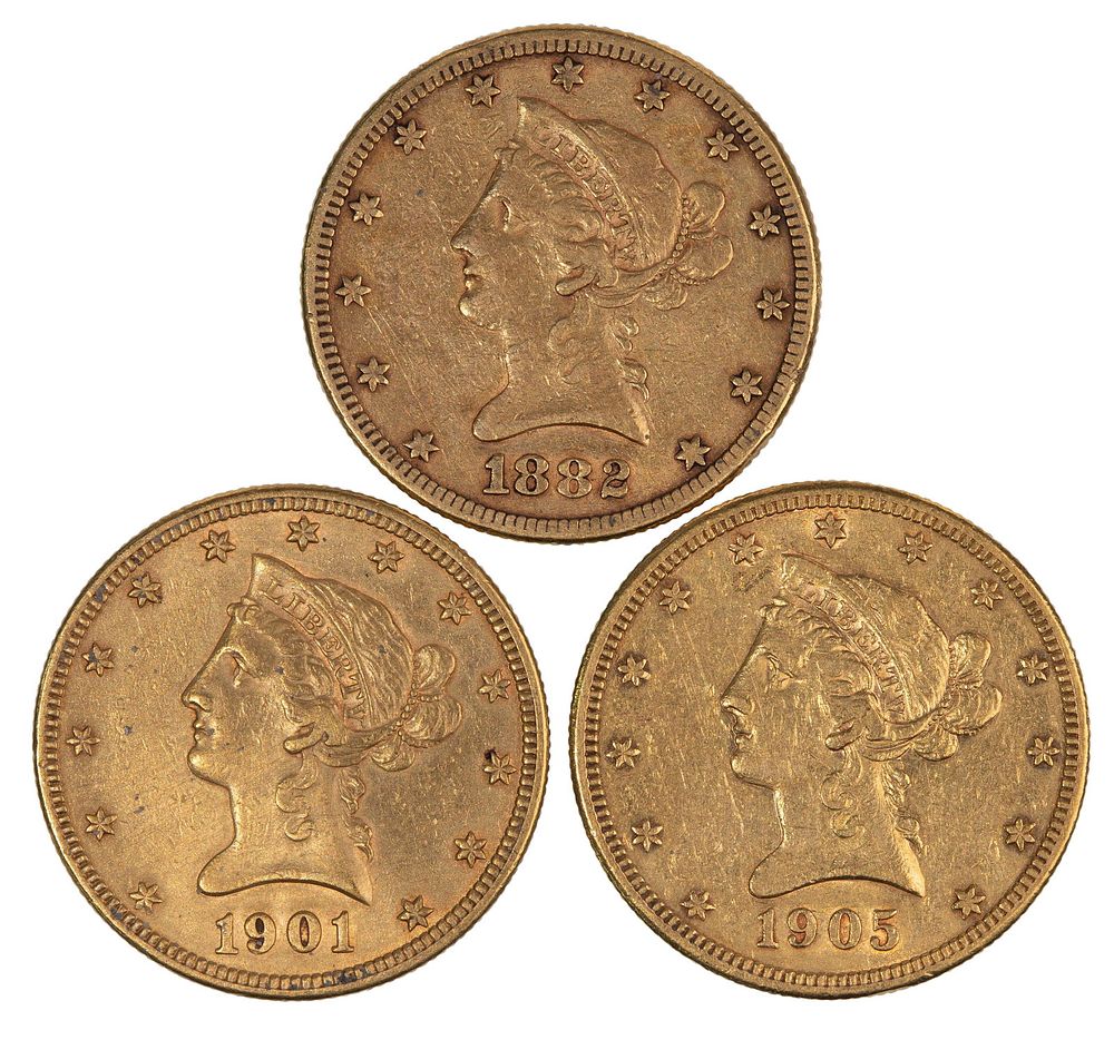 Lot 241: 1882, 1901 & 1905-S $10 Gold VF-XF