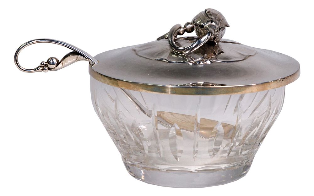 Lot 294: Georg Jensen Sterling Silver Lidded Jam Jar and Spoon