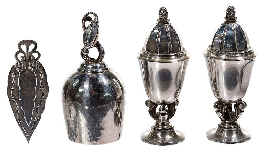 Lot 296: Johan Rohde for Georg Jensen Sterling Silver Shaker Set and Bell