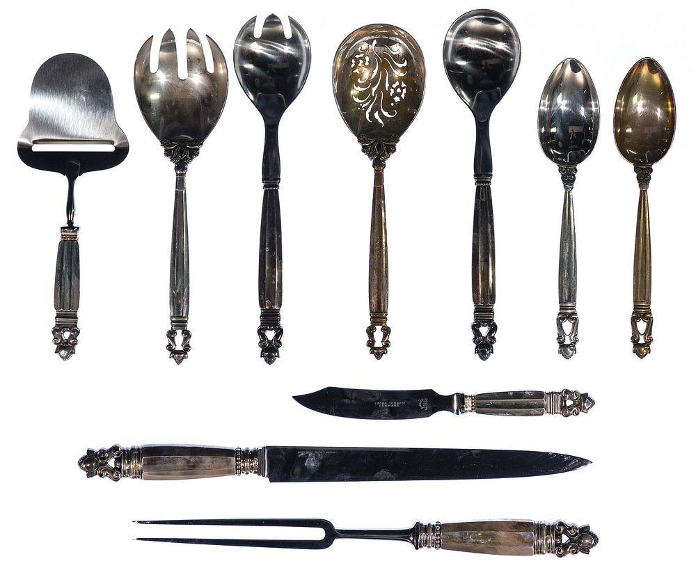 Lot 301: Georg Jensen 'Acorn' Sterling Silver Serving Flatware
