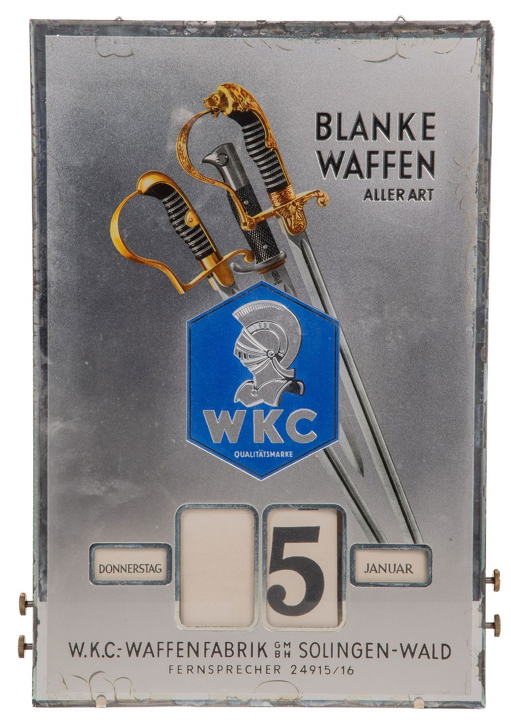 Lot 324: World War II WKC Sword Advertising Glass Calendar