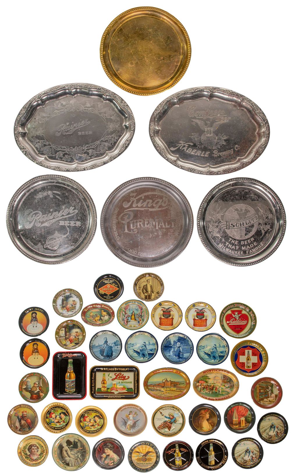 Lot 409: Metal Advertising Tip Tray and Engraved Metal Tray Assortment