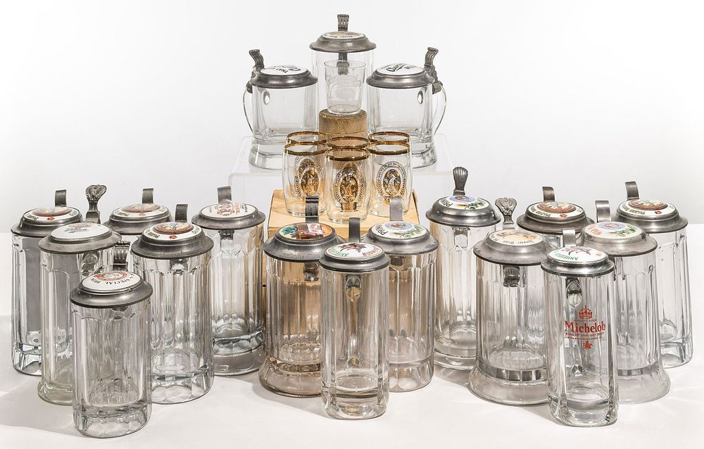 Lot 439: Porcelain Lidded Glass Beer Stein Assortment