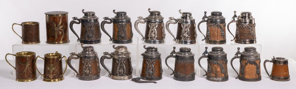 Lot 444: St. Louis Silver Co. Silverplate, Brass and Wood Stein and Mug Assortment