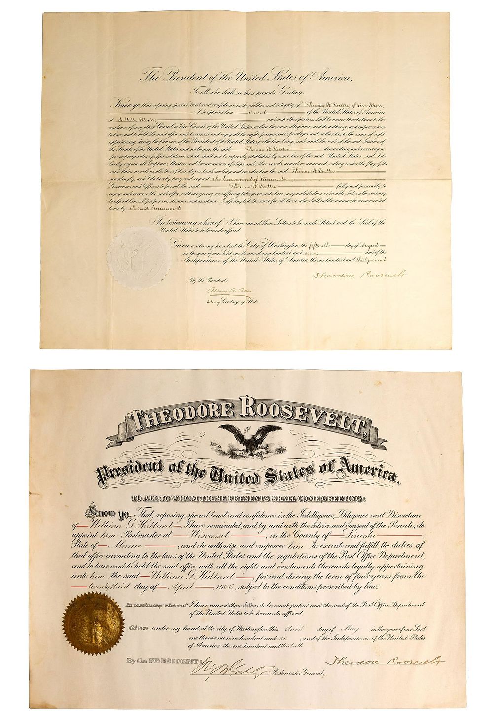 Lot 471: Theodore Roosevelt Signed Presidential Appointment Documents