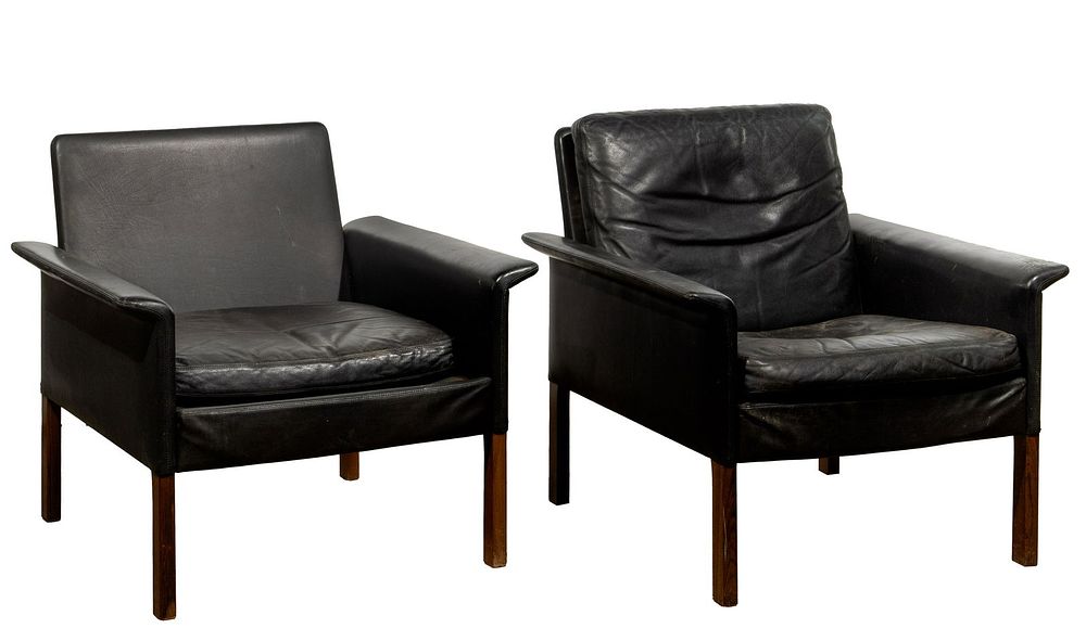 Lot 546: (Attributed to) Hans Olsen Teak and Leather Armchairs