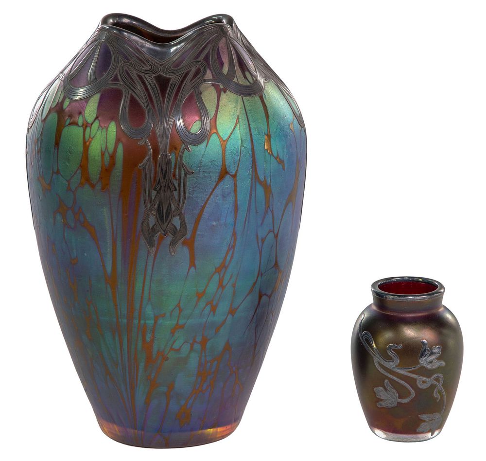 Lot 294: (Attributed to) Loetz Silver Overlay Vases