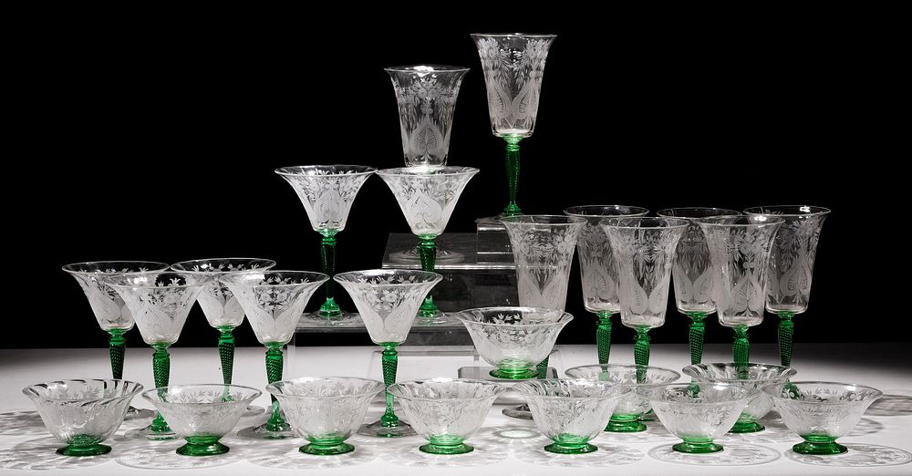 Lot 333: Steuben 'Van Dyke' Etched Glass Tableware
