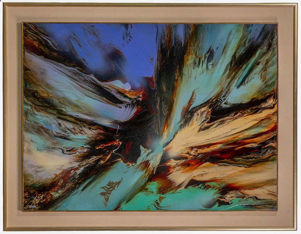Lot 201: Leonardo Nierman (Mexican / American, b.1932) 'Genesis' Oil on Masonite