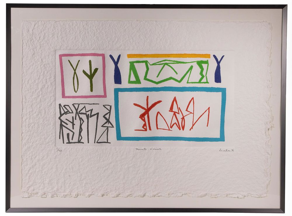 Lot 250: Riccardo Licata (Italian, 1929-2014) 'Asian Market' Mixed Media Print on Handmade Paper