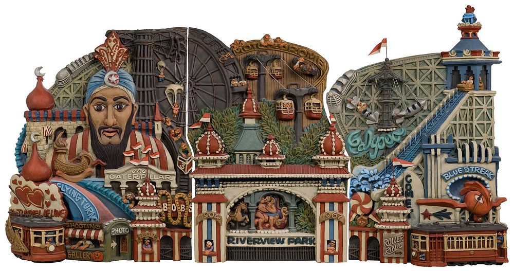 Lot 278: Alice 'Zani' Jacobsen (American, 20th Century) 'Riverview' Triptych Plaster Relief