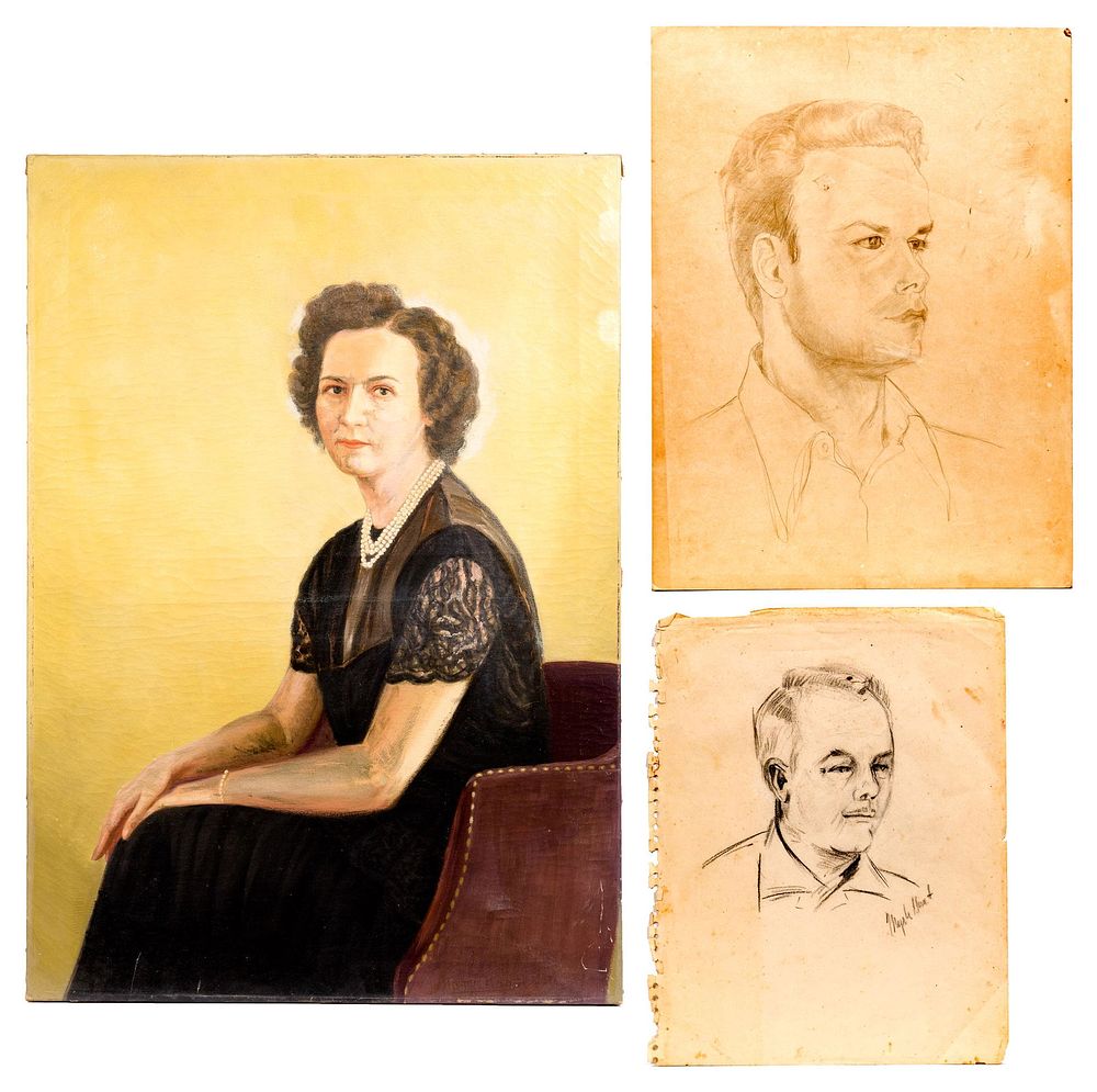 Lot 195: Multiple Artists Oil on Canvas and Pencil Drawings