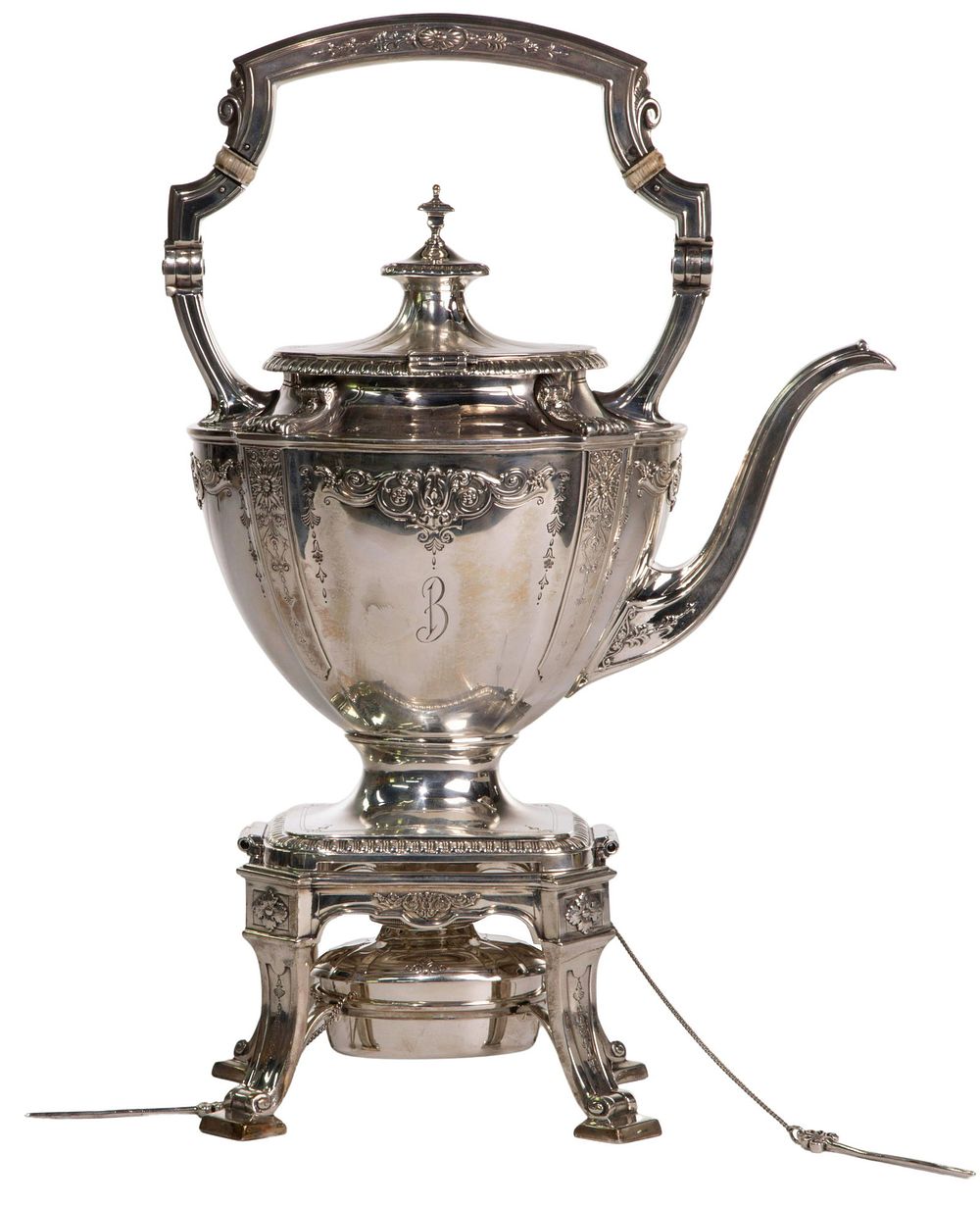 Lot 211: Reed & Barton 'Duquesne' Sterling Silver Hot Water Kettle on Stand