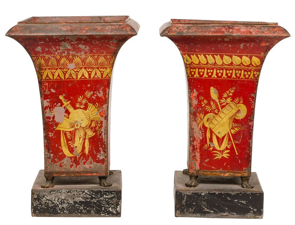 Lot 375: French Neoclassical Directoire Style Gilt and Red Metal Tole Vases