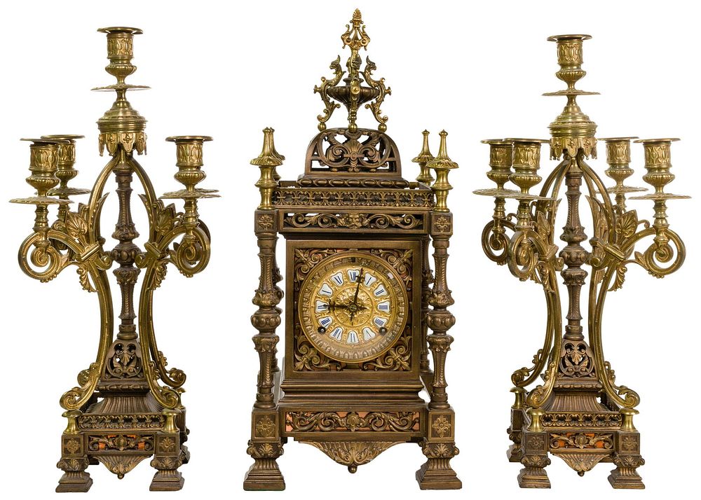 Lot 390: Ansonia 'The Regent' Brass Mantel Clock and Garniture Set
