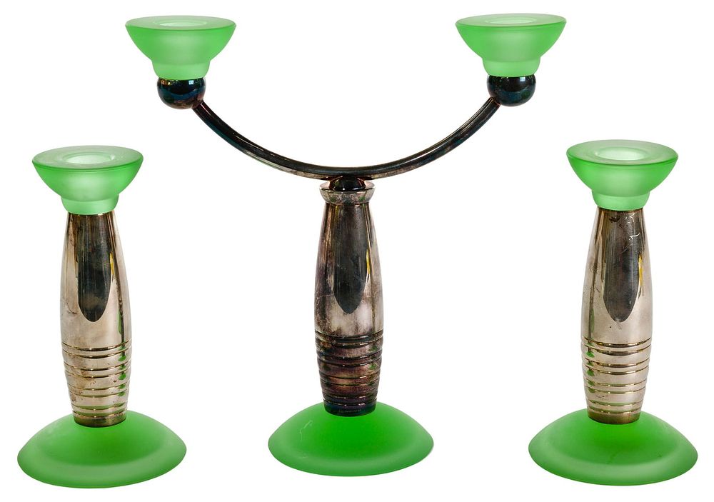 Lot 275: Christofle Silverplate and Frosted Glass Art Deco Style Candleholder Set