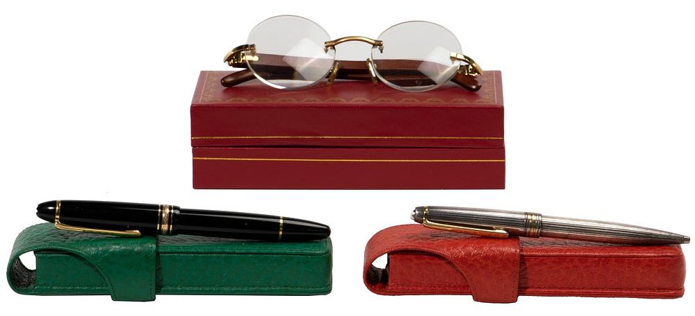 Lot 310: Cartier Montblanc Pen and Eyeglass Assortment