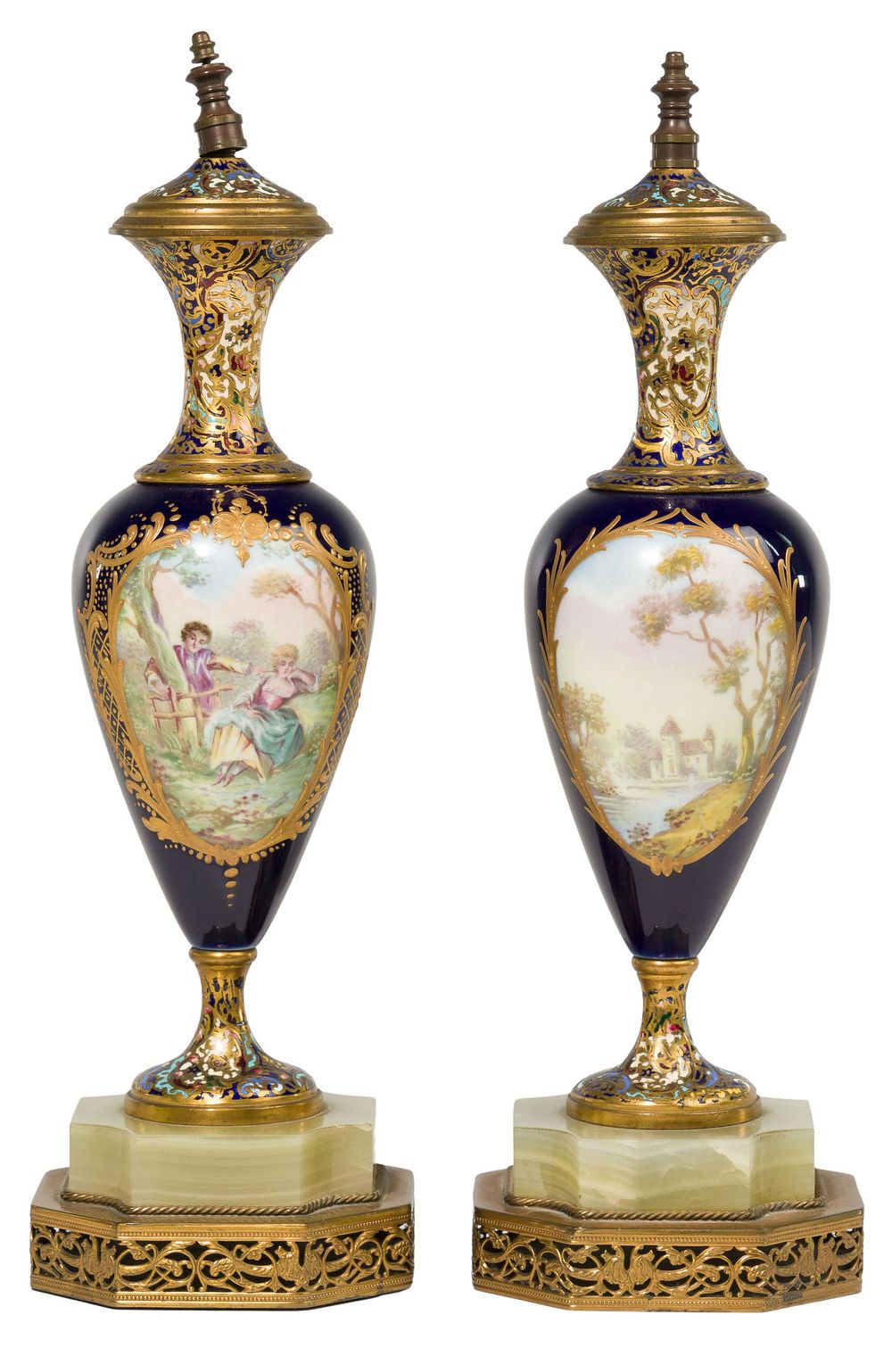 Lot 370: French Hand Painted Porcelain Vase Lamp Bases