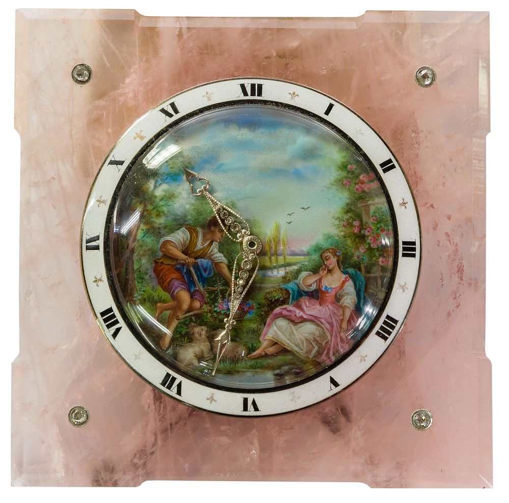 Lot 410: Sterling Silver and Rose Quartz Table Clock