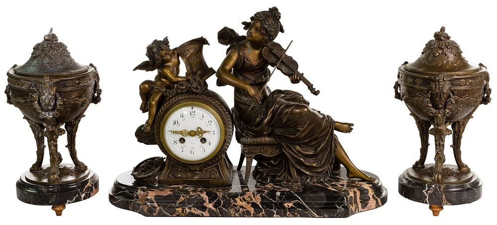 Lot 411: (After) Francois Moreau (French, 1832-1927) Mantle Clock and Garniture Set