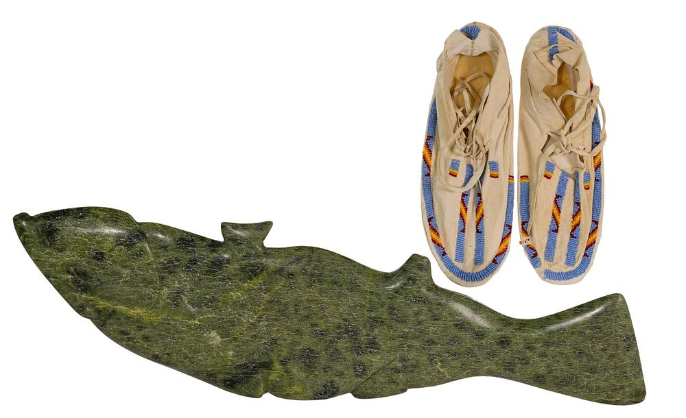 Lot 453: Cape Dorset Inuit Soapstone Carved Fish and Plains Style Moccasins