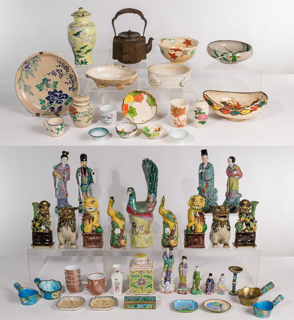 Lot 158: Asian Pottery, Porcelain, Enamel and Cast Iron Object Assortment