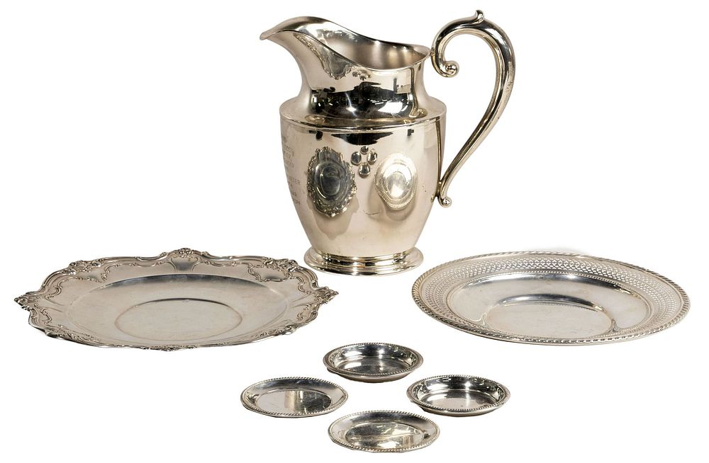 Lot 355: Sterling Silver Trophy Pitcher and Tray Assortment