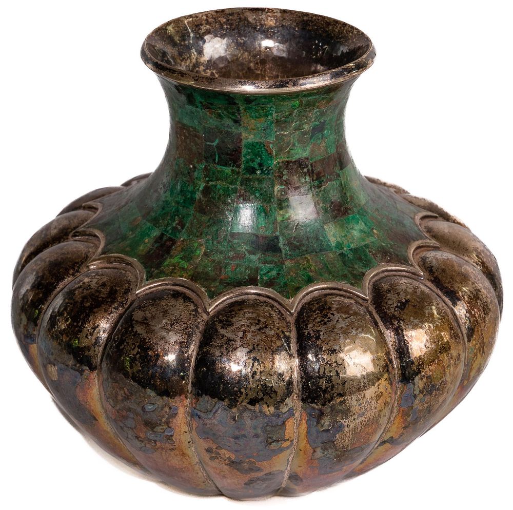 Lot 368: Los Castillo Silverplate and Turquoise Vase