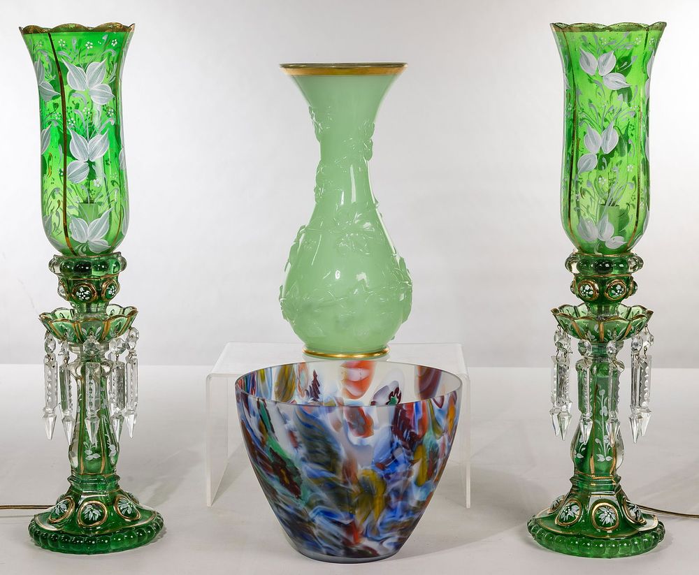 Lot 498: (Attributed to) Baccarat Green Opaline 'Vases de Fantaisie'