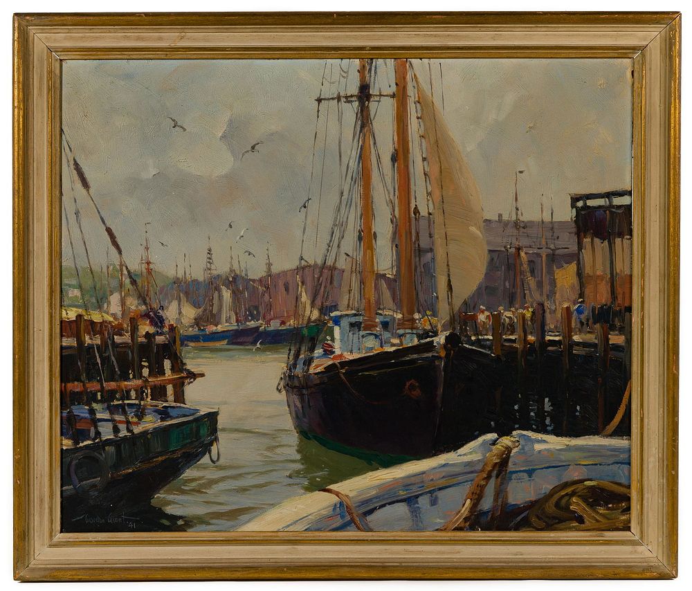 Lot 202: Gordon Hope Grant (American, 1875-1962) 'Gloucester Docks' Oil on Masonite