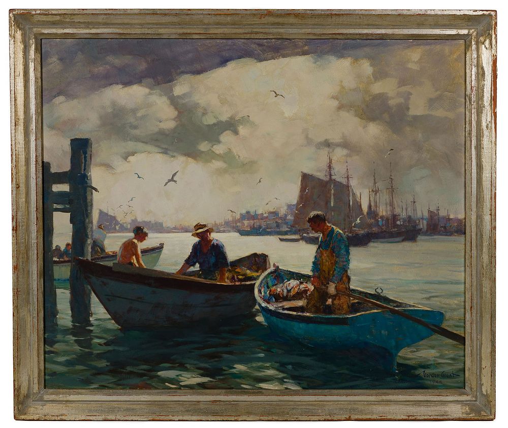 Lot 203: Gordon Hope Grant (American, 1875-1962) 'Men of Gloucester' Oil on Masonite